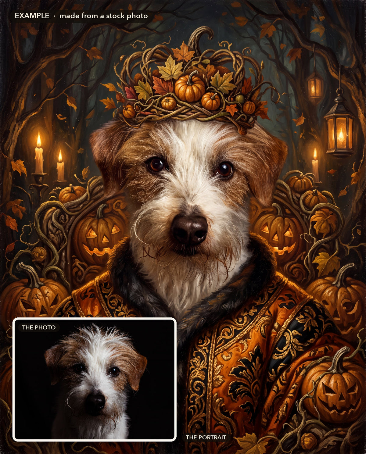Example: before and after, made from a stock photo of a terrier (inset) and its Pumpkin King style portrait