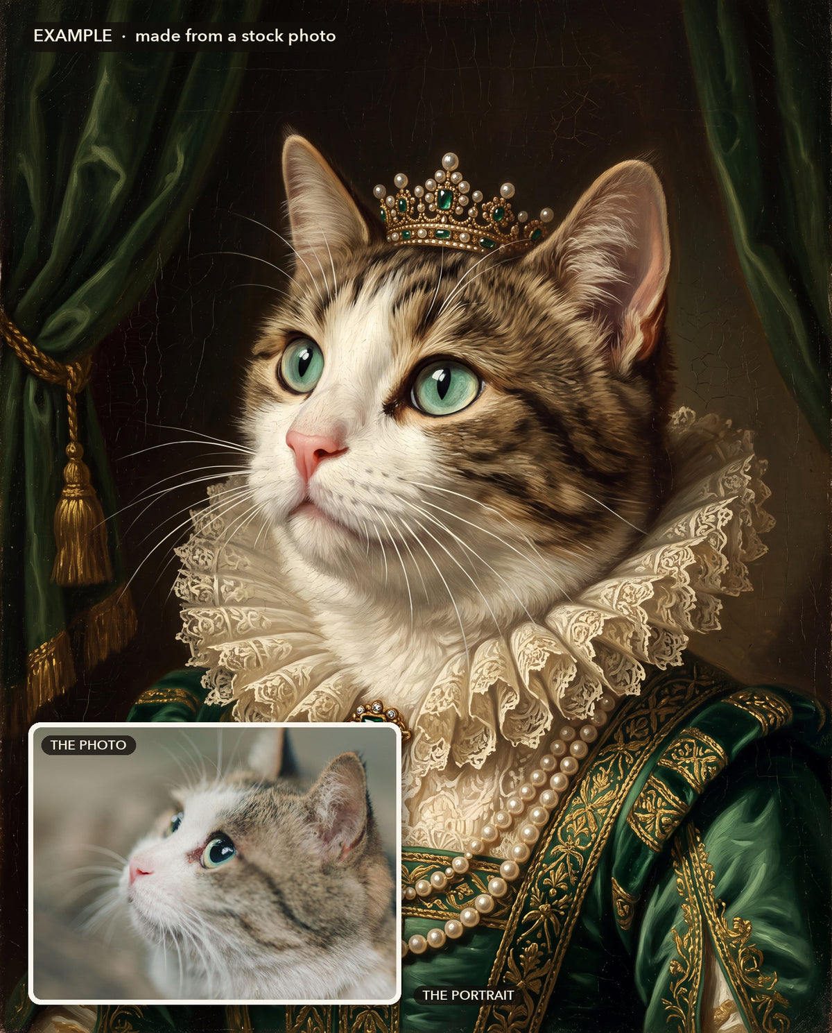 Example: before and after, made from a stock photo of a tabby-and-white cat (inset) and its The Duchess style portrait