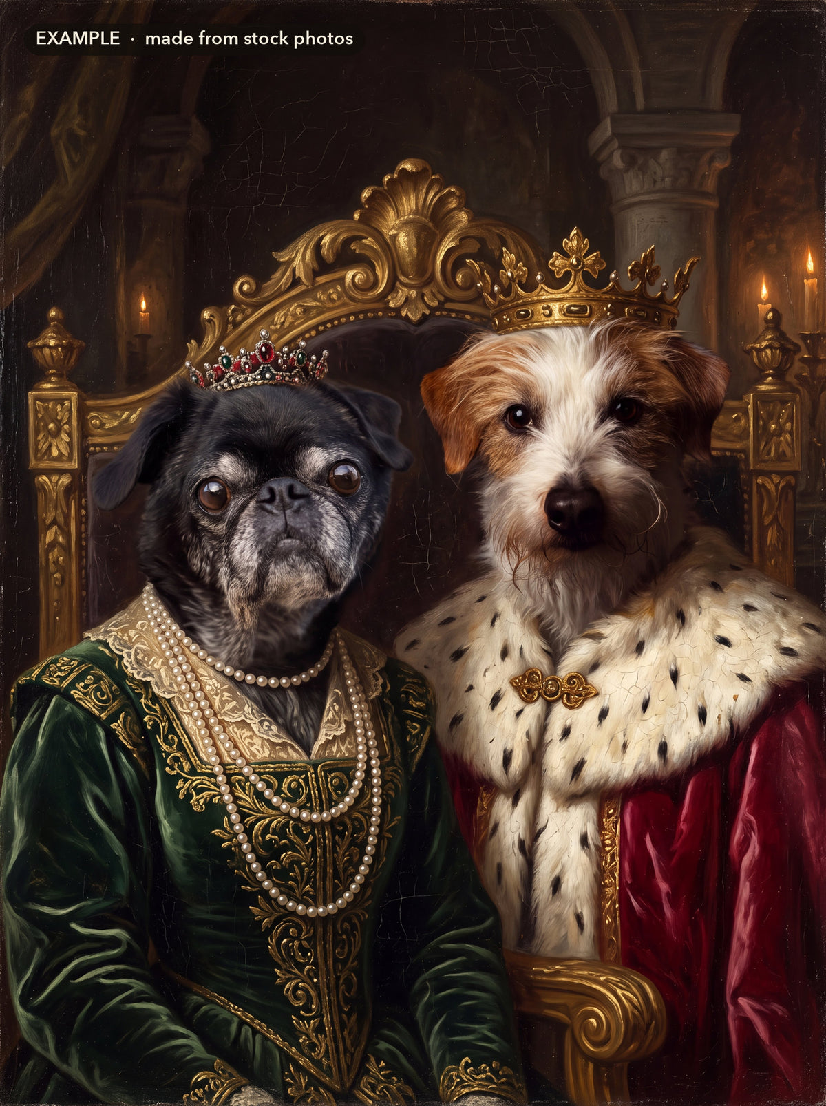 Example: a black pug and a terrier as Queen and King in one portrait, made from stock photos