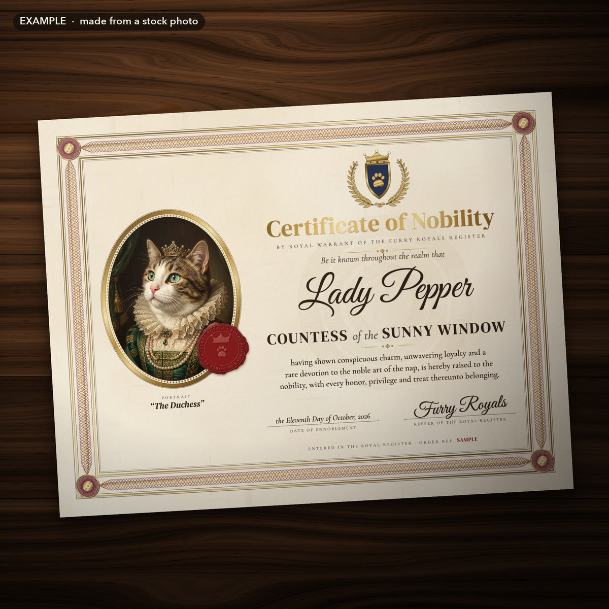 Example: a sample Certificate of Nobility for "Lady Pepper, Countess of the Sunny Window" with her The Duchess style portrait, shown on a wooden table, portrait made from a stock photo