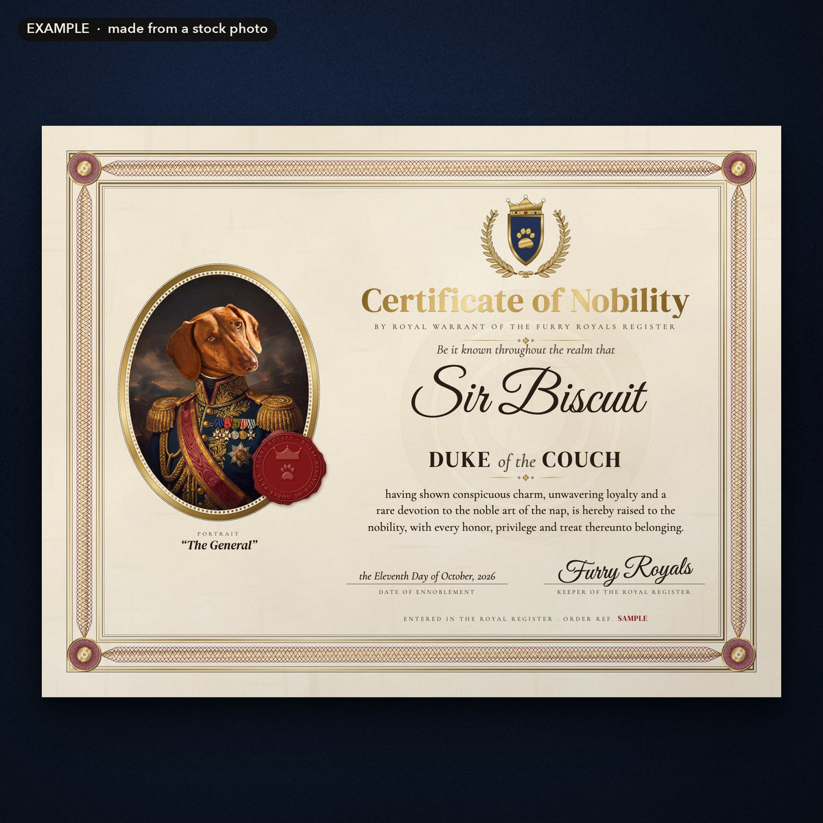Example: a sample Certificate of Nobility for "Sir Biscuit, Duke of the Couch" with his The General style portrait in an oval gold frame, portrait made from a stock photo