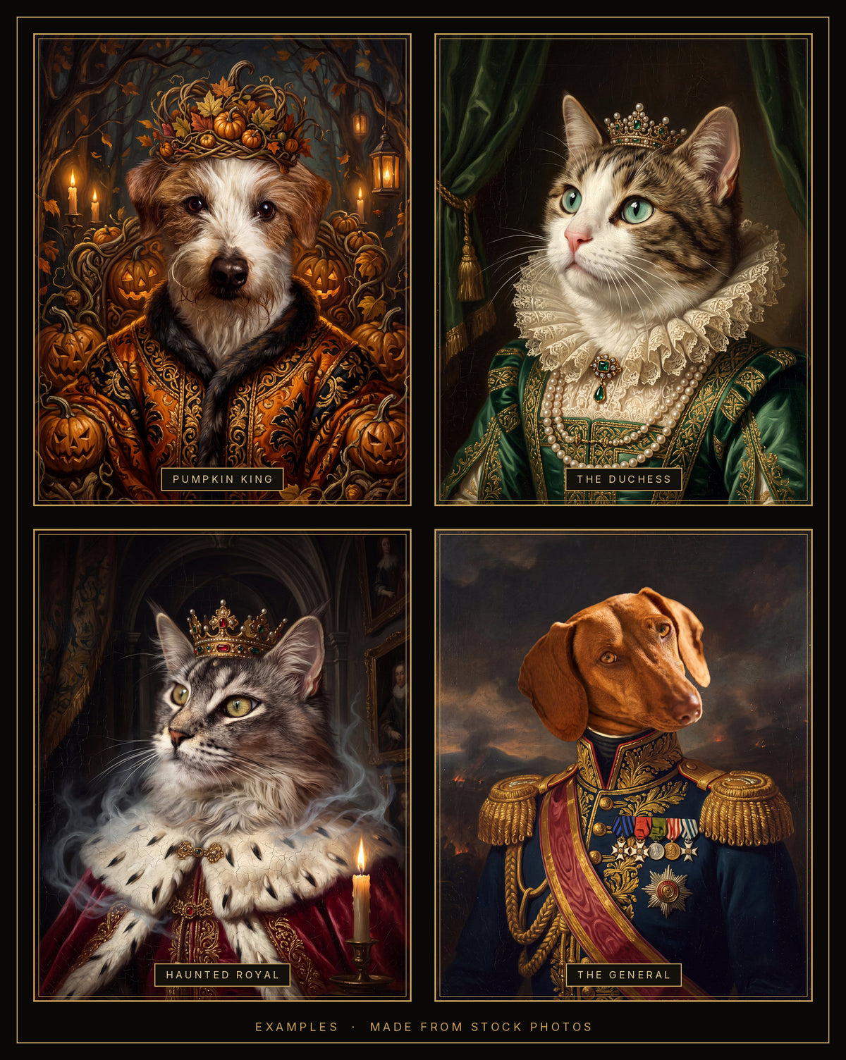 Example: four of our styles, Pumpkin King, The Duchess, Haunted Royal and The General, each made from a stock photo