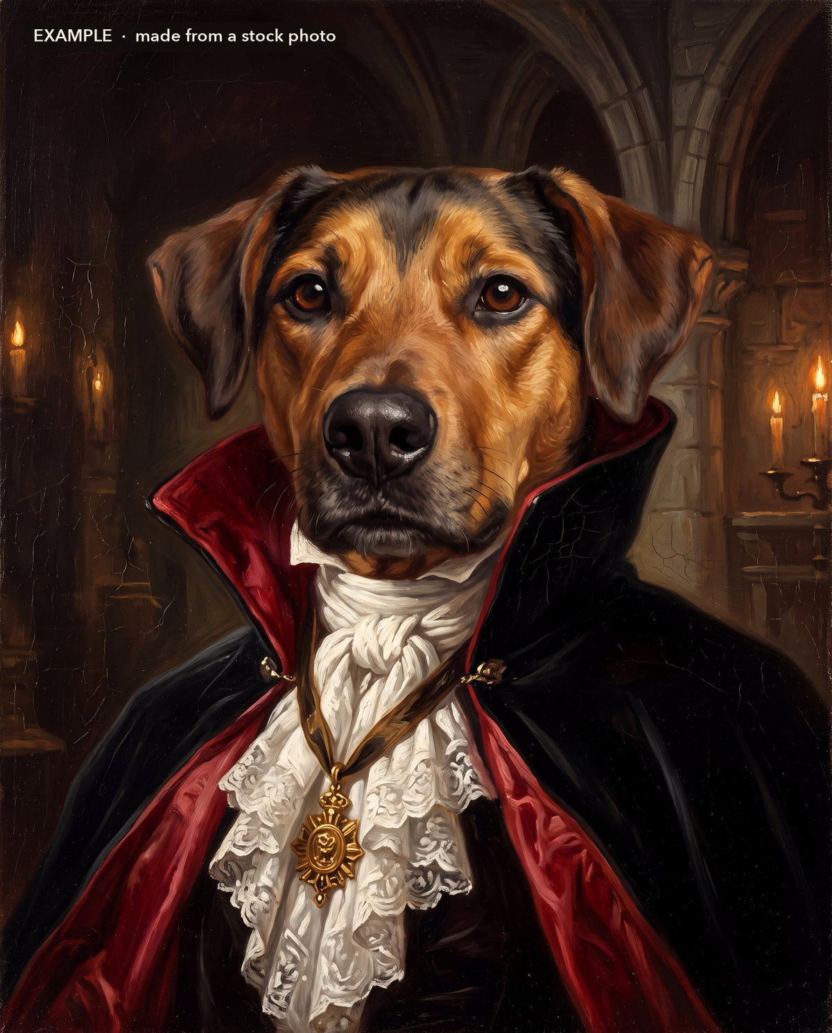 Example: Vampire Count style portrait of a mixed-breed dog, made from a stock photo
