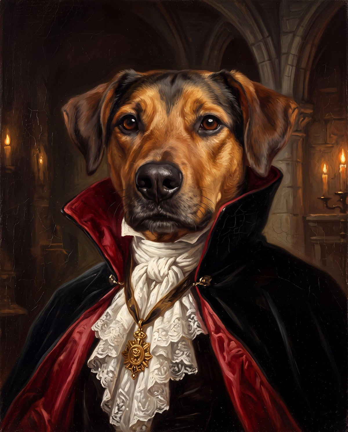 Example: a tan and black dog as the Vampire Count, oil-painting-style portrait made from a stock photo