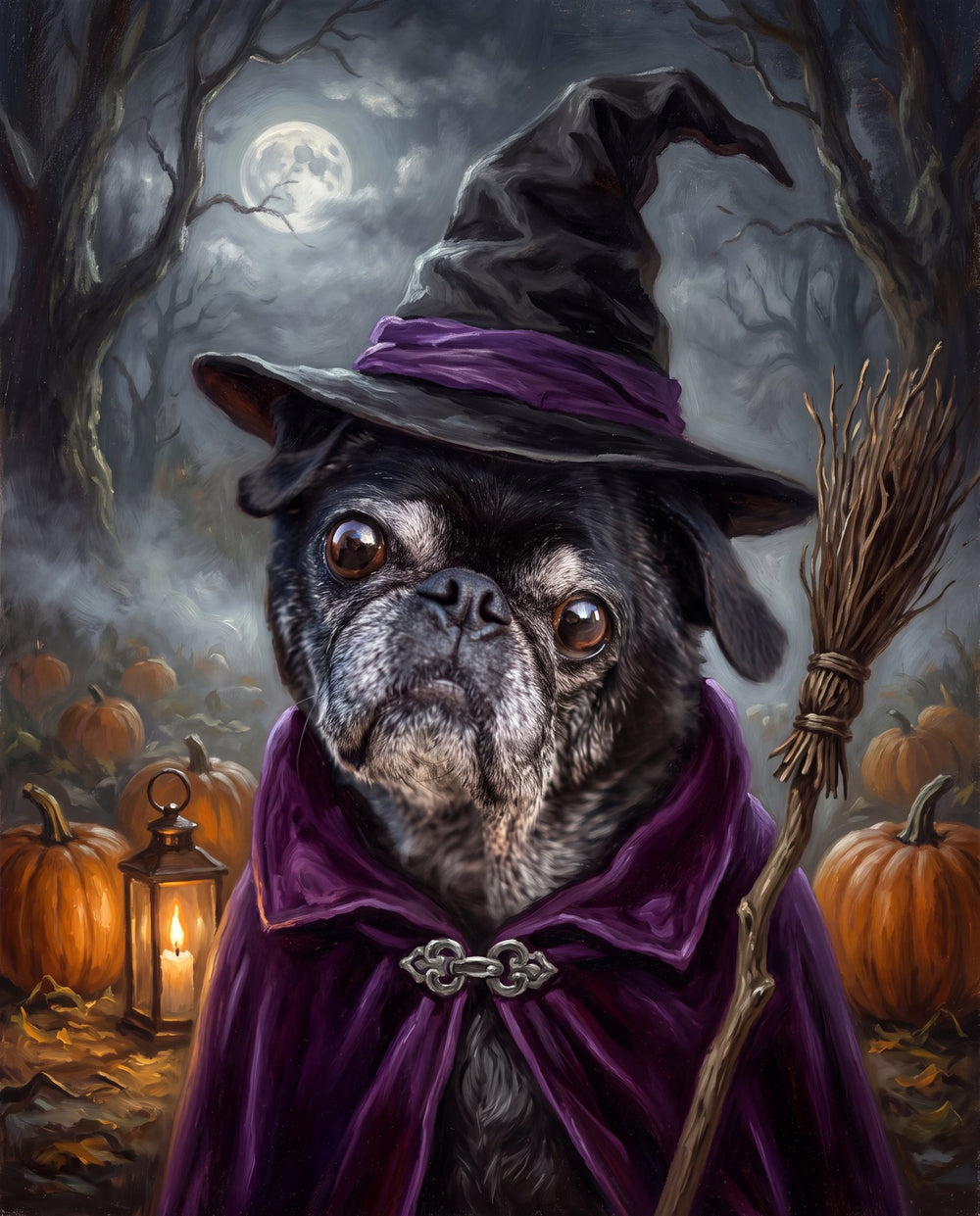 Example: a black pug as the Witch, oil-painting-style portrait made from a stock photo
