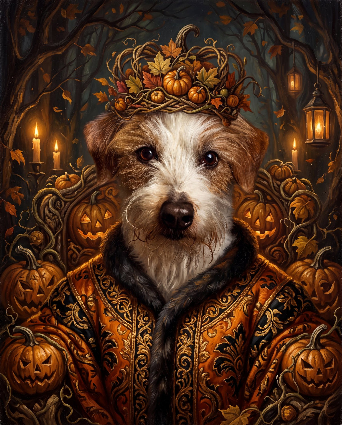 Example: a scruffy terrier as the Pumpkin King, oil-painting-style portrait made from a stock photo