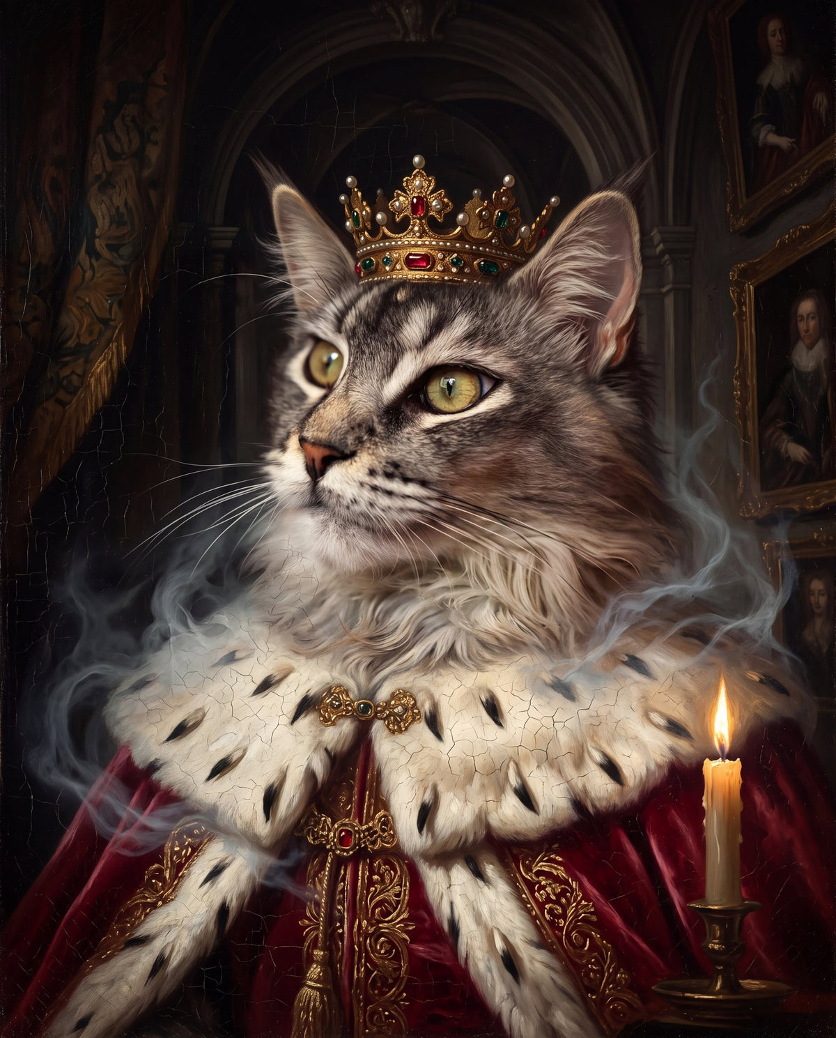 Example: a gray Maine Coon cat as the Haunted Royal, oil-painting-style portrait made from a stock photo