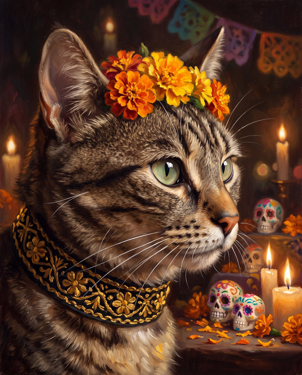Example: a tabby cat with a marigold crown, Día de Muertos oil-painting-style portrait made from a stock photo
