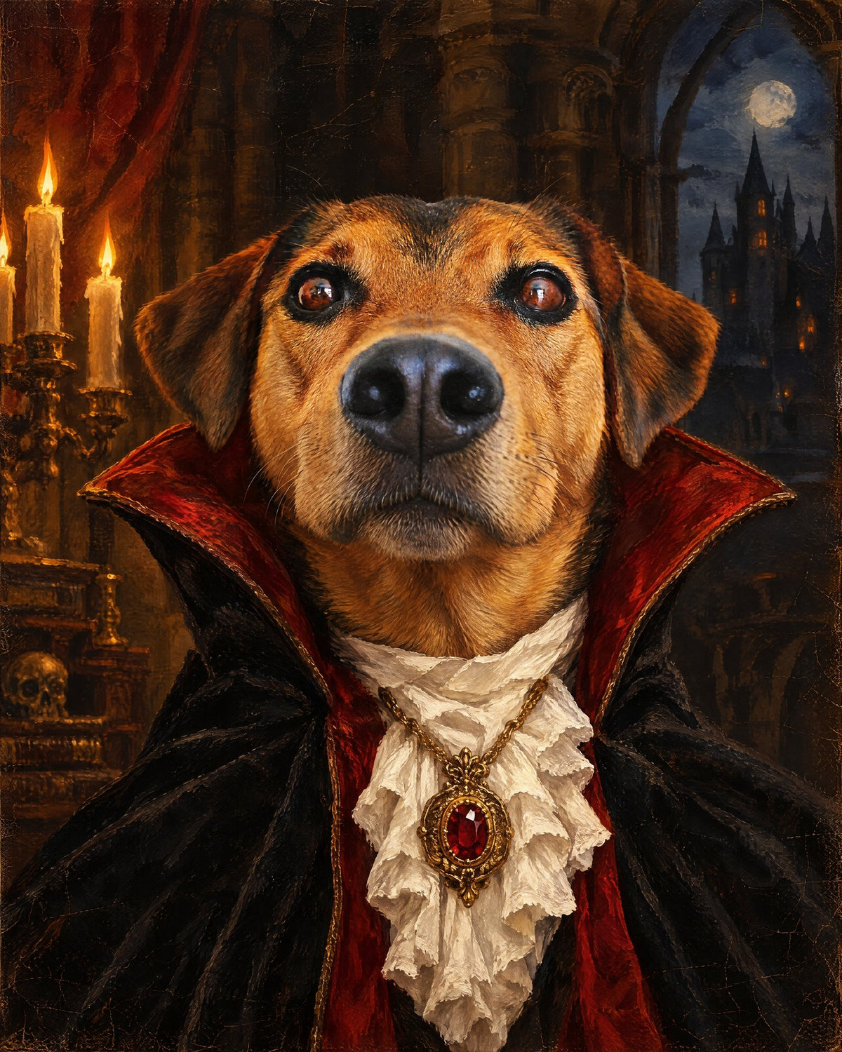 Example: a tan and black dog as the Vampire Count, second version, oil-painting-style portrait made from a stock photo