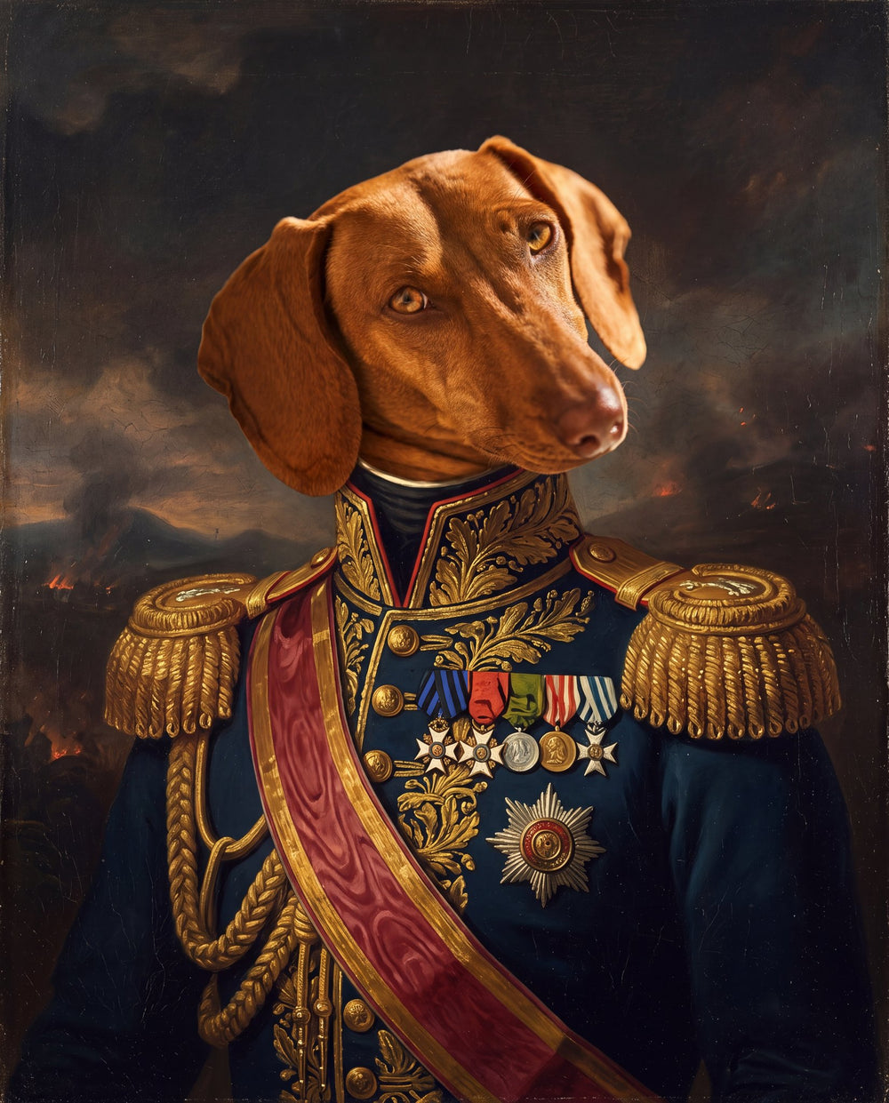 Example: a red dachshund as The General, oil-painting-style portrait made from a stock photo