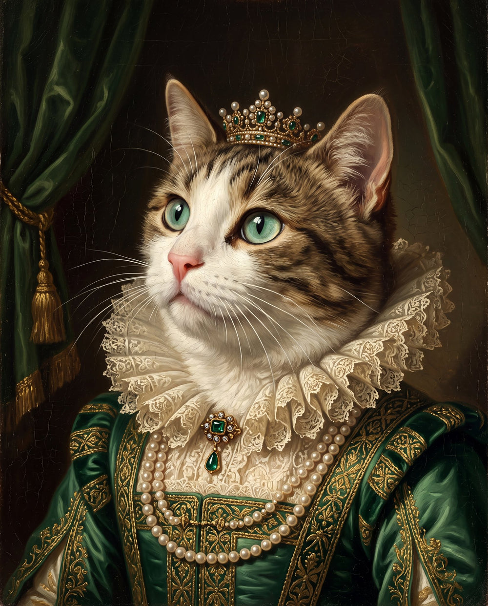 Example: a tabby and white cat as The Duchess, oil-painting-style portrait made from a stock photo