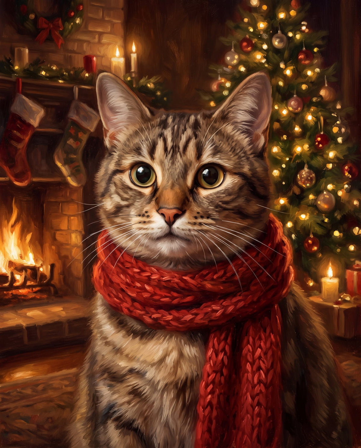 Example: a tabby cat by the fireplace with a red scarf, Christmas oil-painting-style portrait made from a stock photo