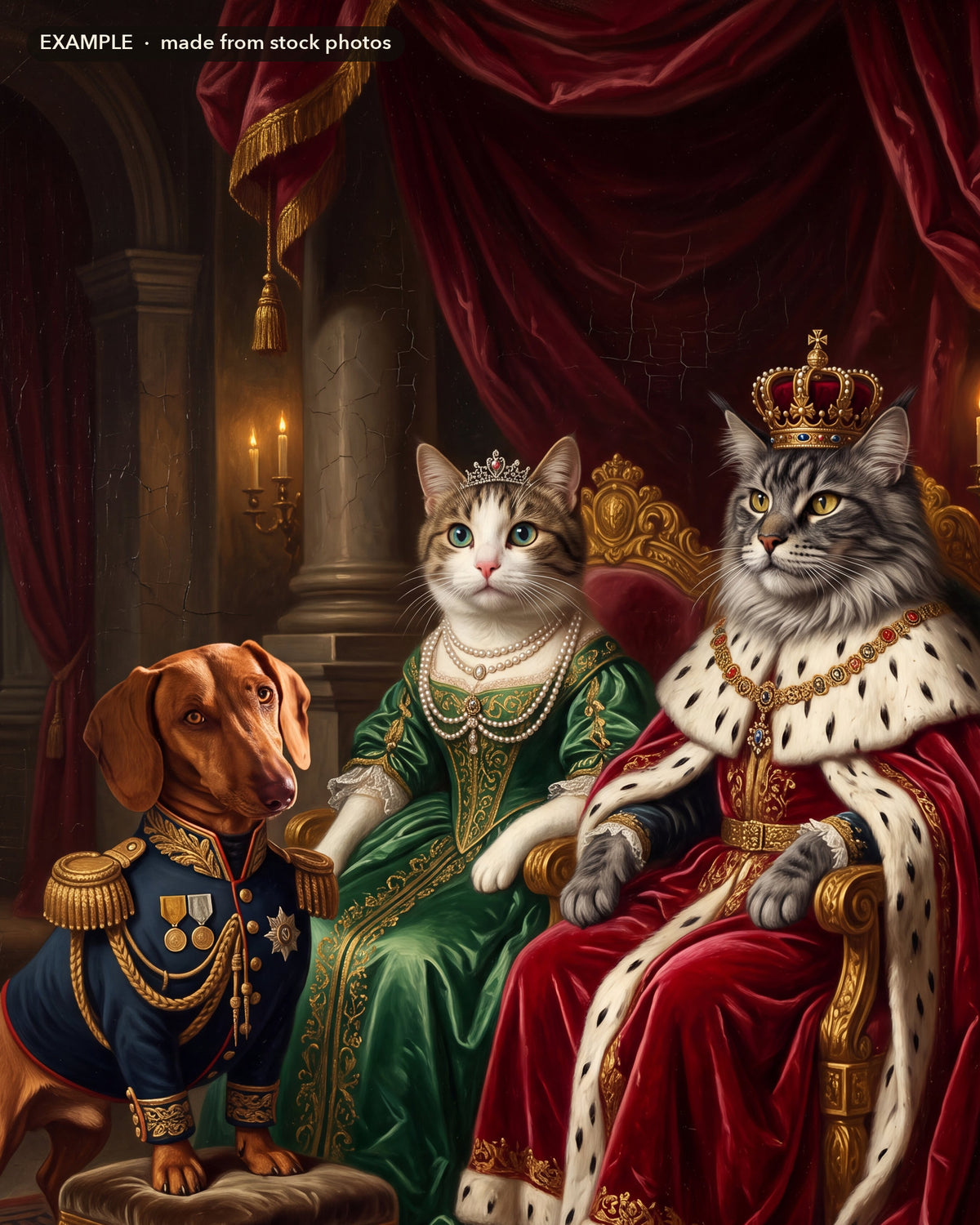 Example: The Royal Court with a dachshund as The General, a tabby-and-white cat as a duchess and a gray tabby cat as the King, made from stock photos